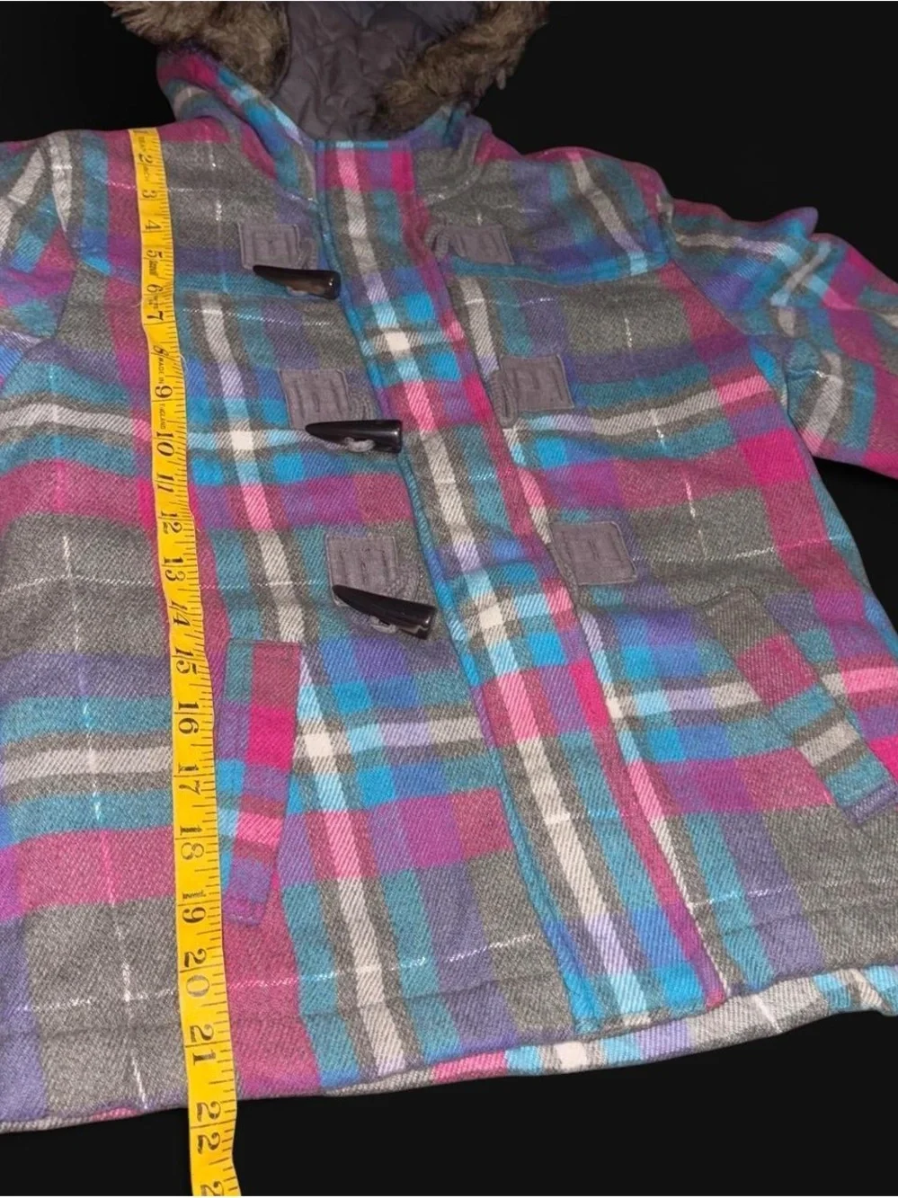 Y2K pink and grey plaid quilted jacket with faux fur hood